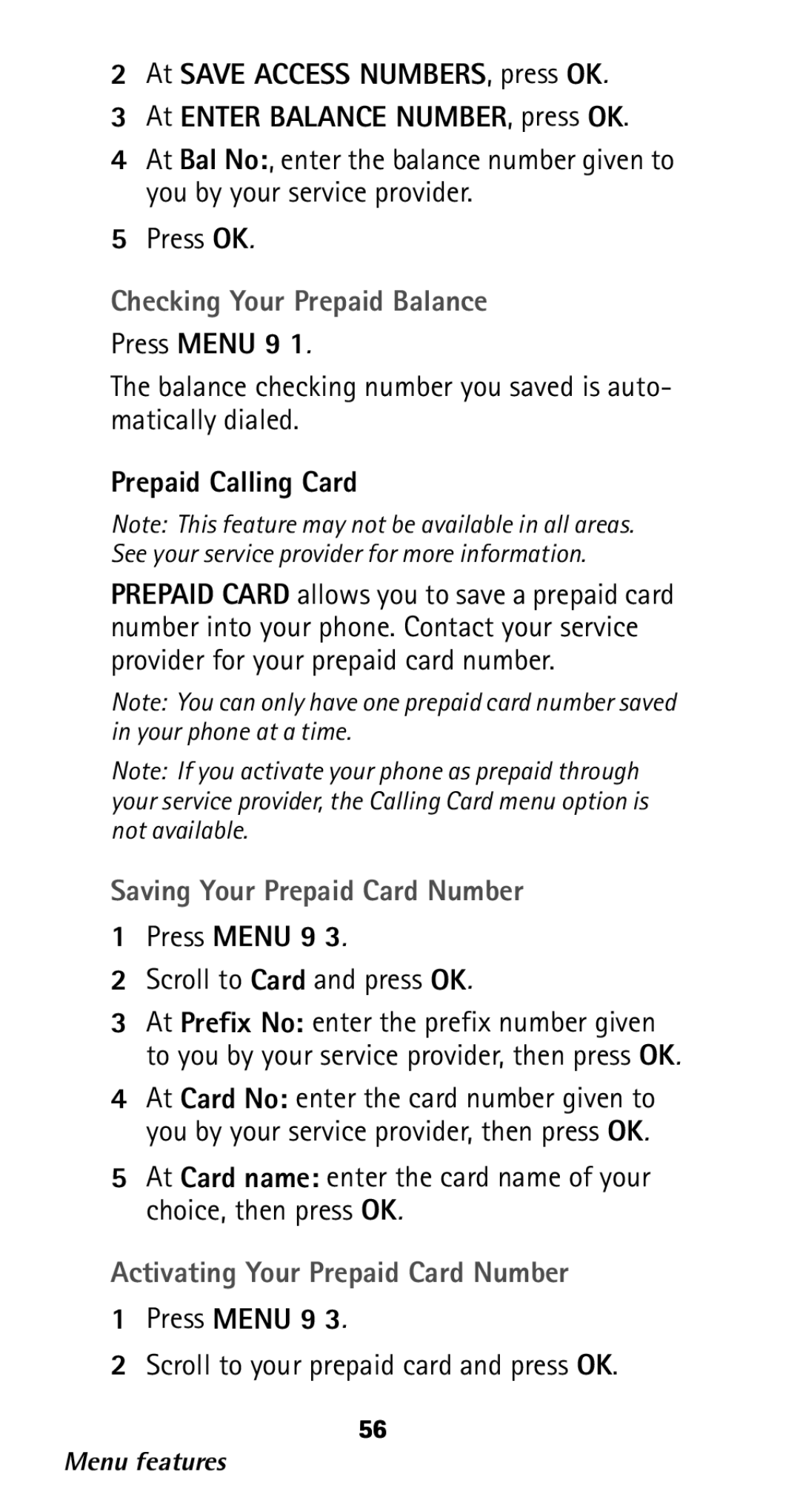 Nokia 282 owner manual Checking Your Prepaid Balance, Prepaid Calling Card, Saving Your Prepaid Card Number 