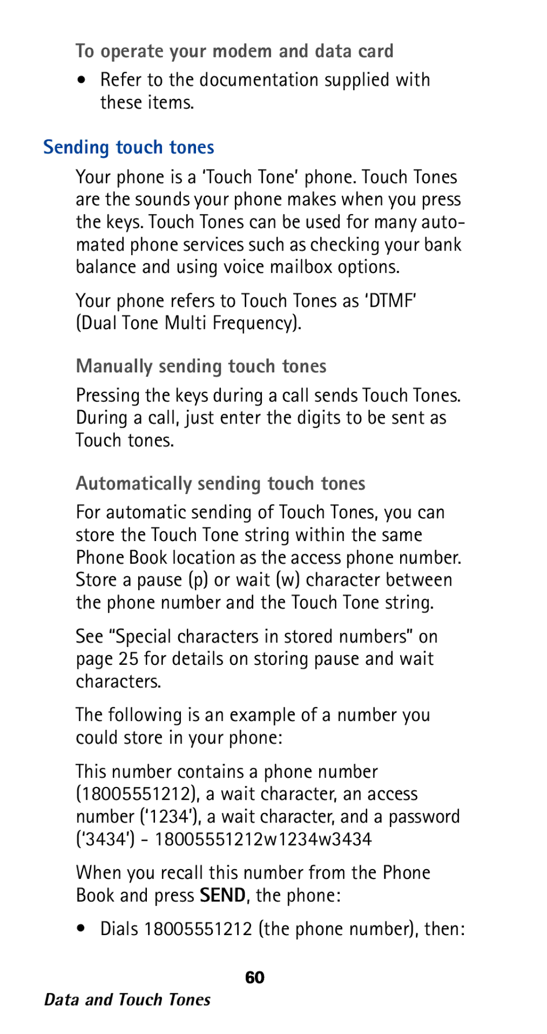 Nokia 282 owner manual To operate your modem and data card, Sending touch tones, Manually sending touch tones 