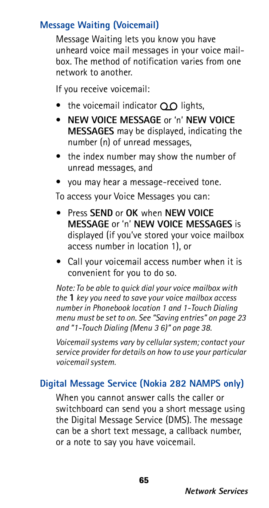 Nokia owner manual Message Waiting Voicemail, Digital Message Service Nokia 282 Namps only 