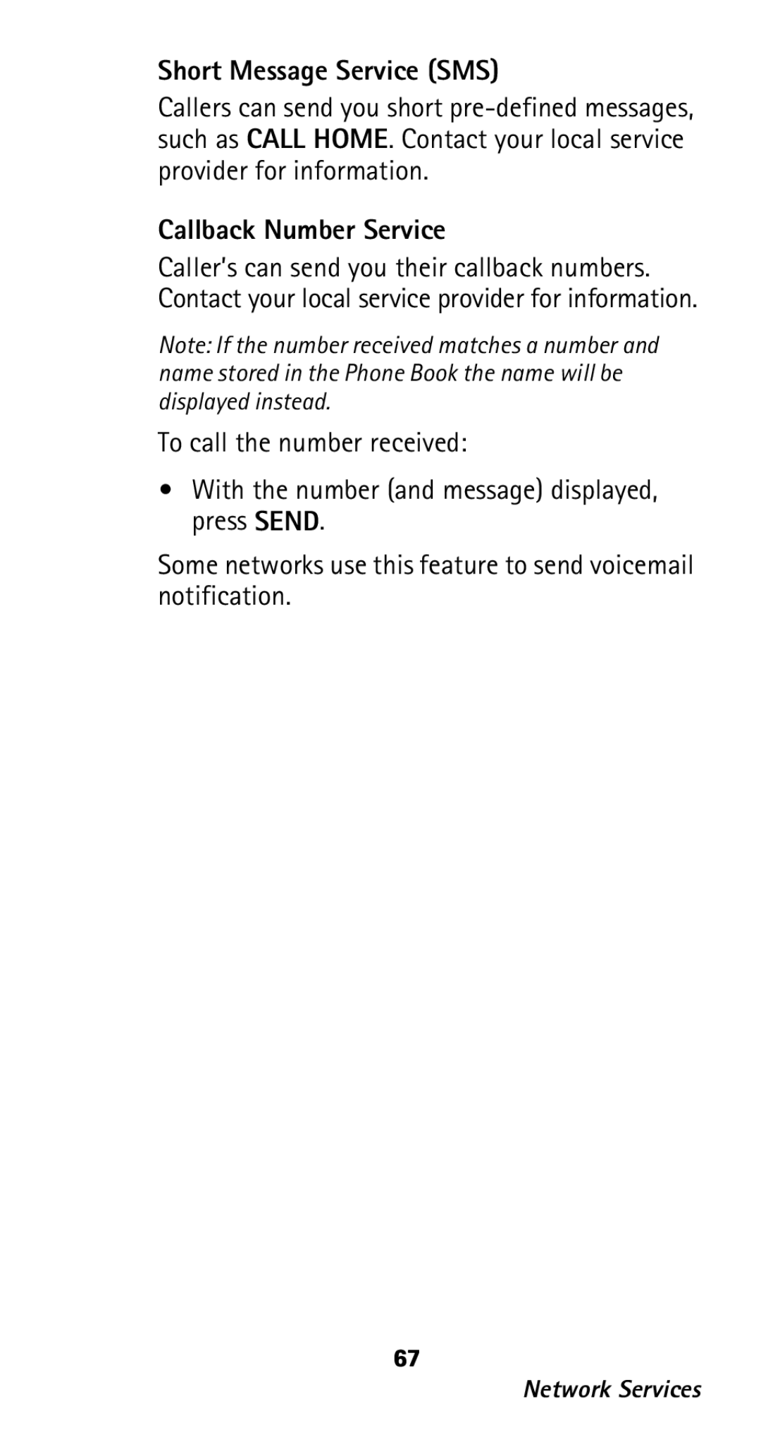 Nokia 282 owner manual Short Message Service SMS, Callback Number Service 