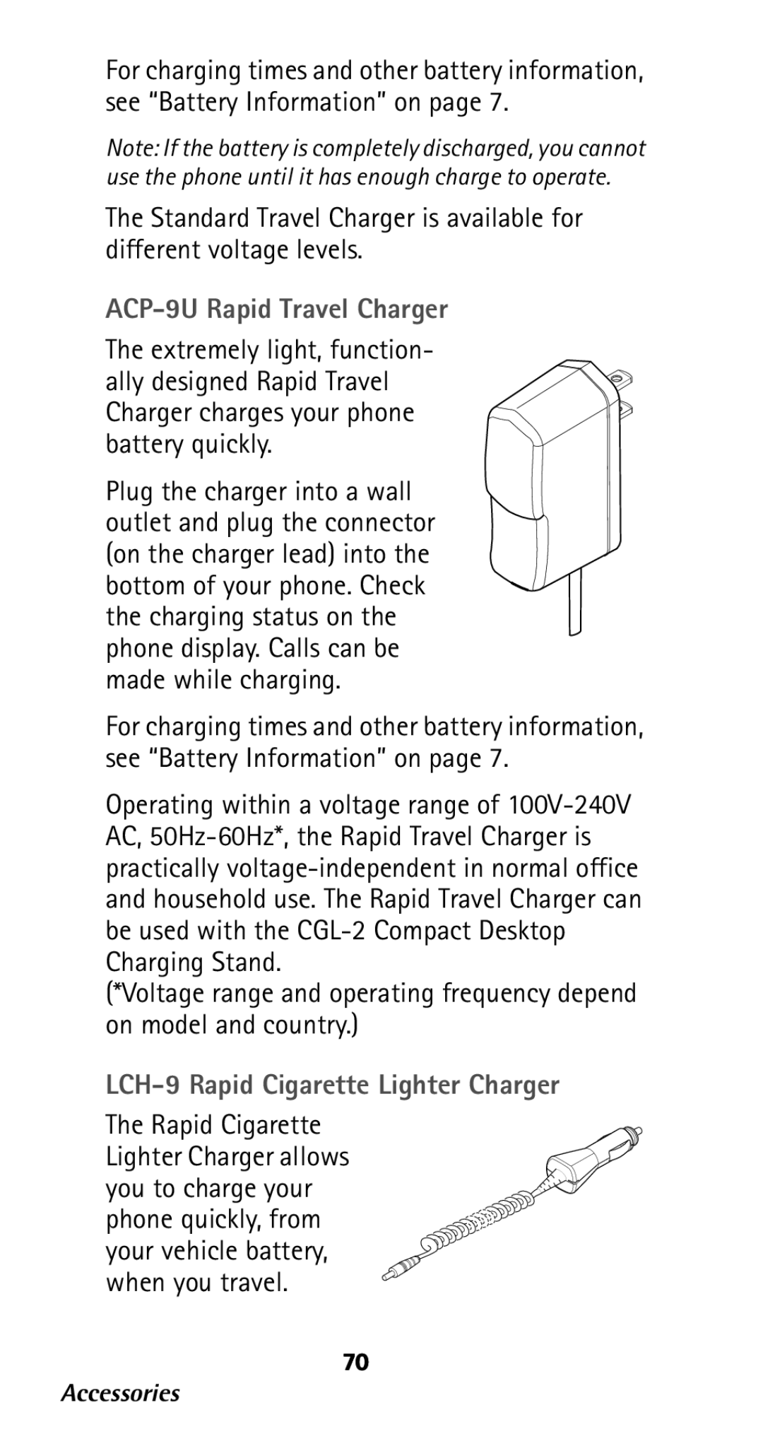 Nokia 282 owner manual ACP-9U Rapid Travel Charger, LCH-9 Rapid Cigarette Lighter Charger 