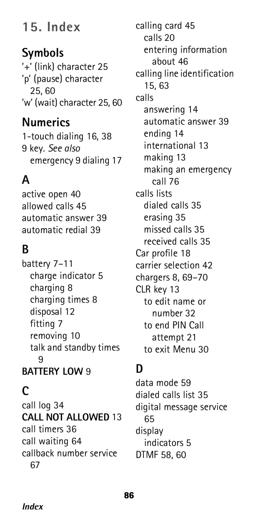 Nokia 282 owner manual Index, Call not Allowed 13 call timers 