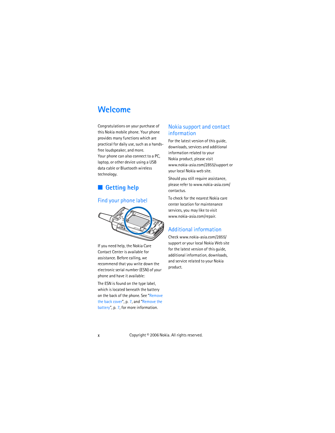 Nokia 2855 Welcome, Getting help, Find your phone label Nokia support and contact information, Additional information 