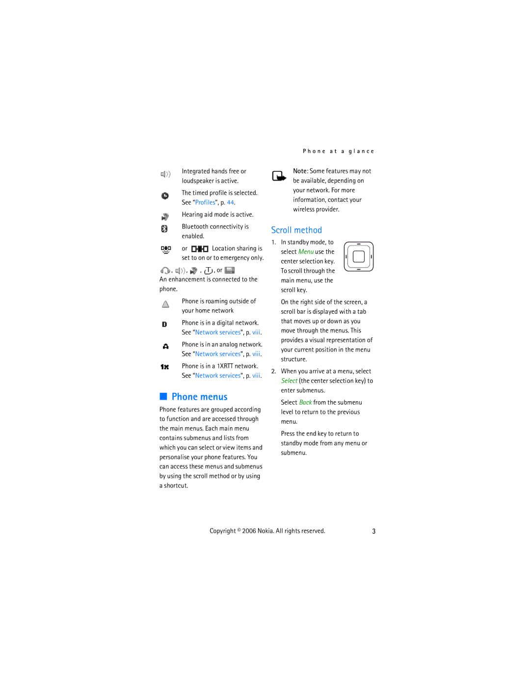 Nokia 2855 manual Phone menus, Scroll method, An enhancement is connected to the phone 