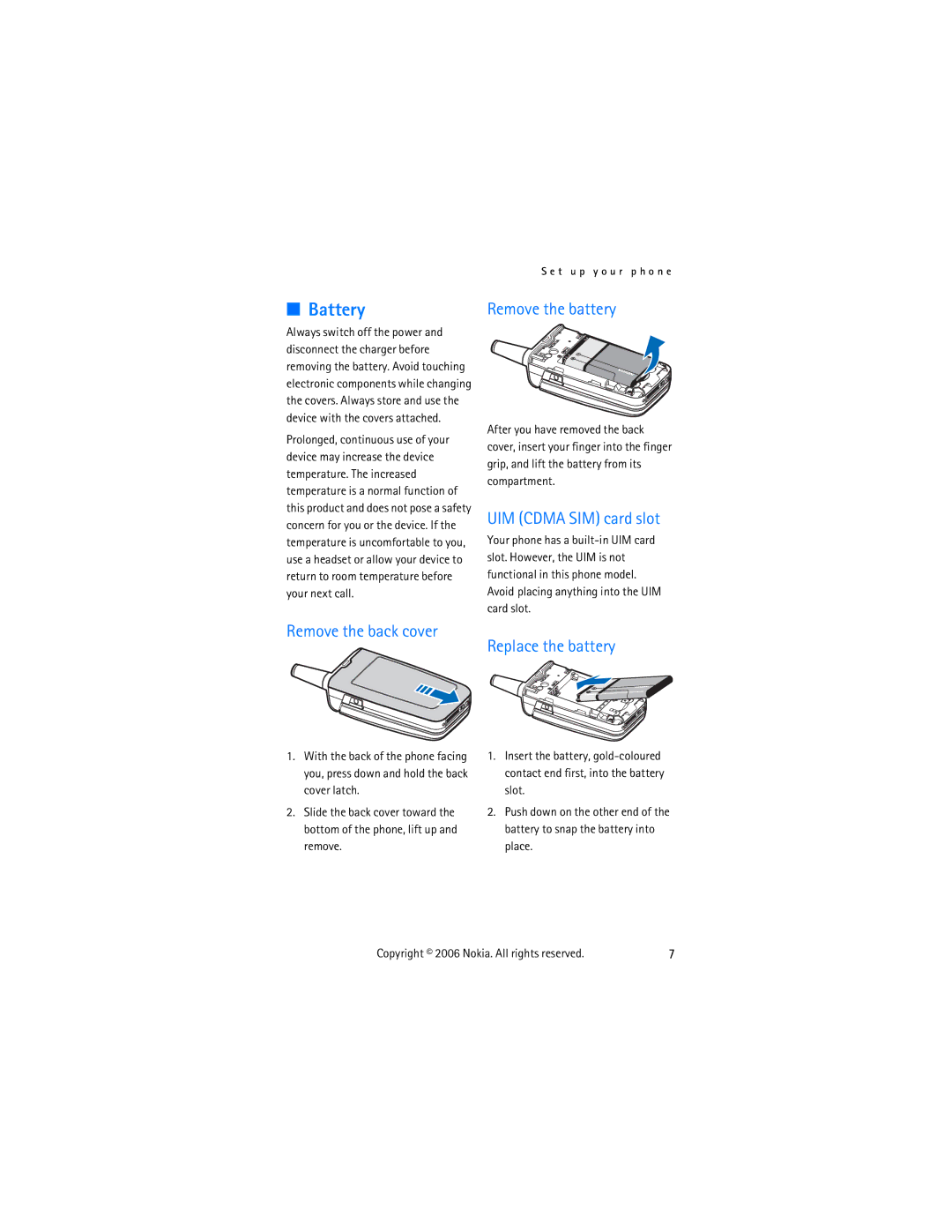 Nokia 2855 manual Battery, UIM Cdma SIM card slot, Remove the back cover Replace the battery 