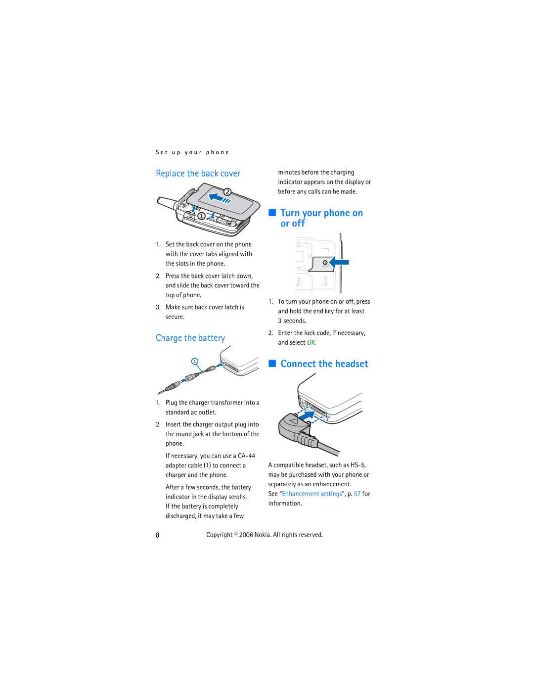 Nokia 2855 manual Turn your phone on or off, Connect the headset, Replace the back cover, Charge the battery 