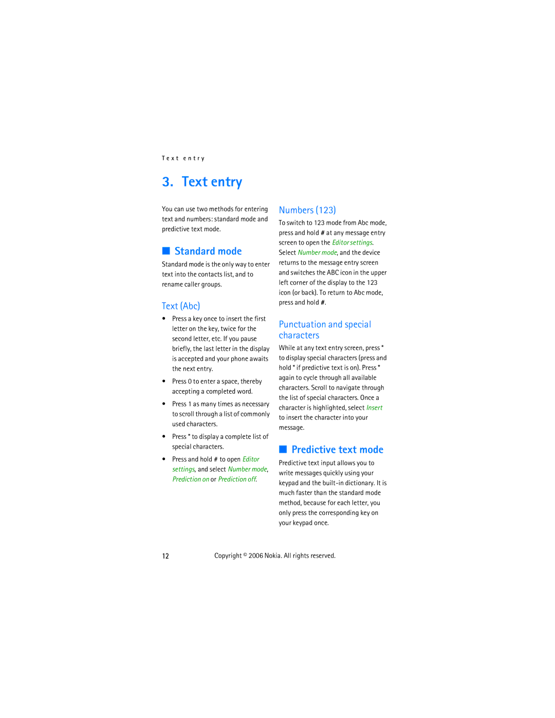 Nokia 2855 manual Text entry, Standard mode, Predictive text mode 