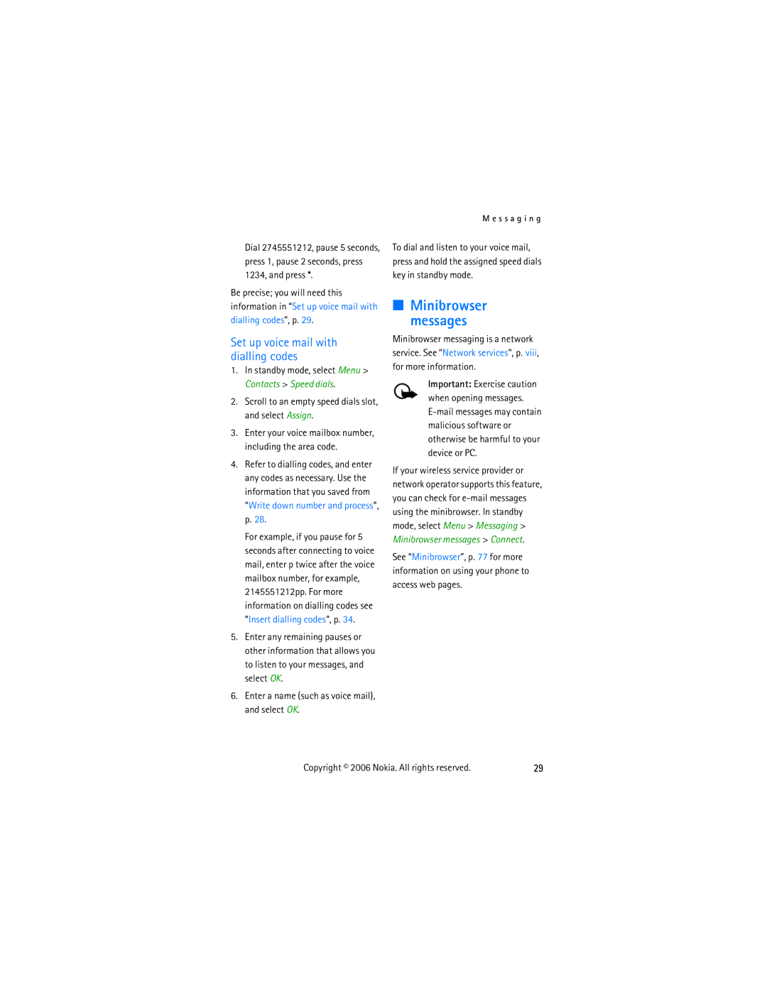 Nokia 2855 manual Set up voice mail with dialling codes, Scroll to an empty speed dials slot, and select Assign 