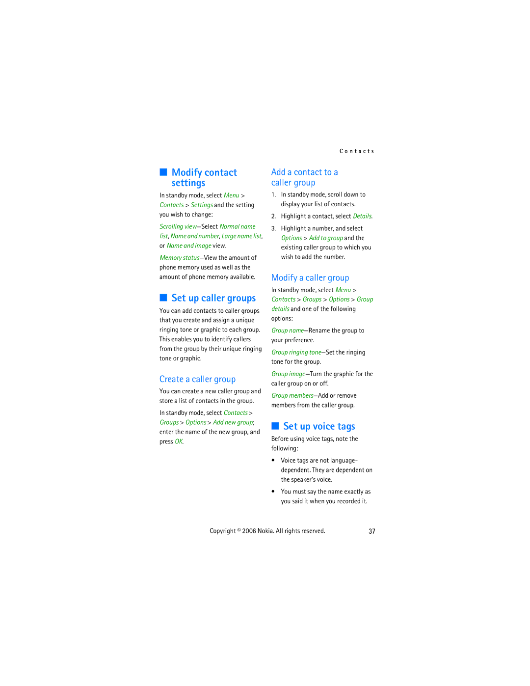 Nokia 2855 manual Set up caller groups, Set up voice tags, Create a caller group, Add a contact to a caller group 