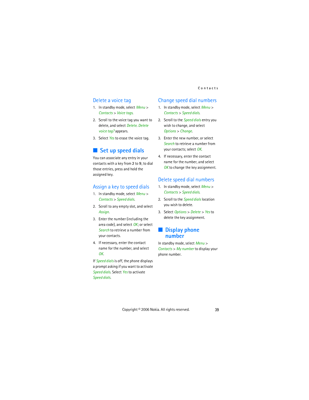 Nokia 2855 manual Set up speed dials, Delete a voice tag, Change speed dial numbers, Delete speed dial numbers 