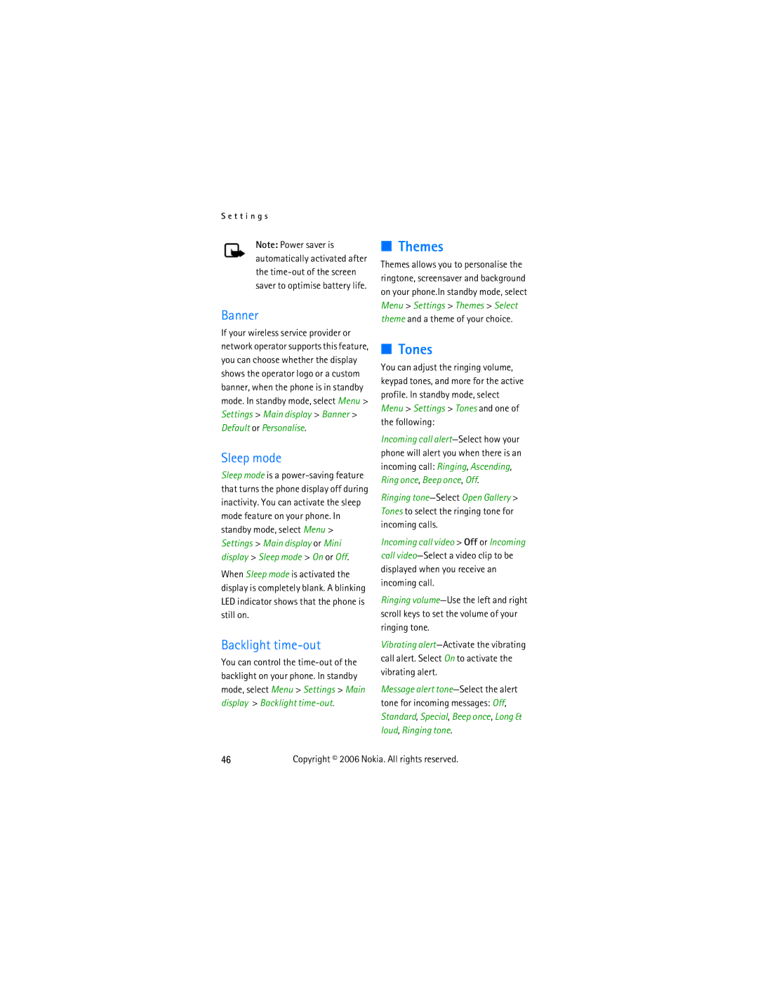 Nokia 2855 manual Themes, Tones, Banner, Sleep mode, Backlight time-out 
