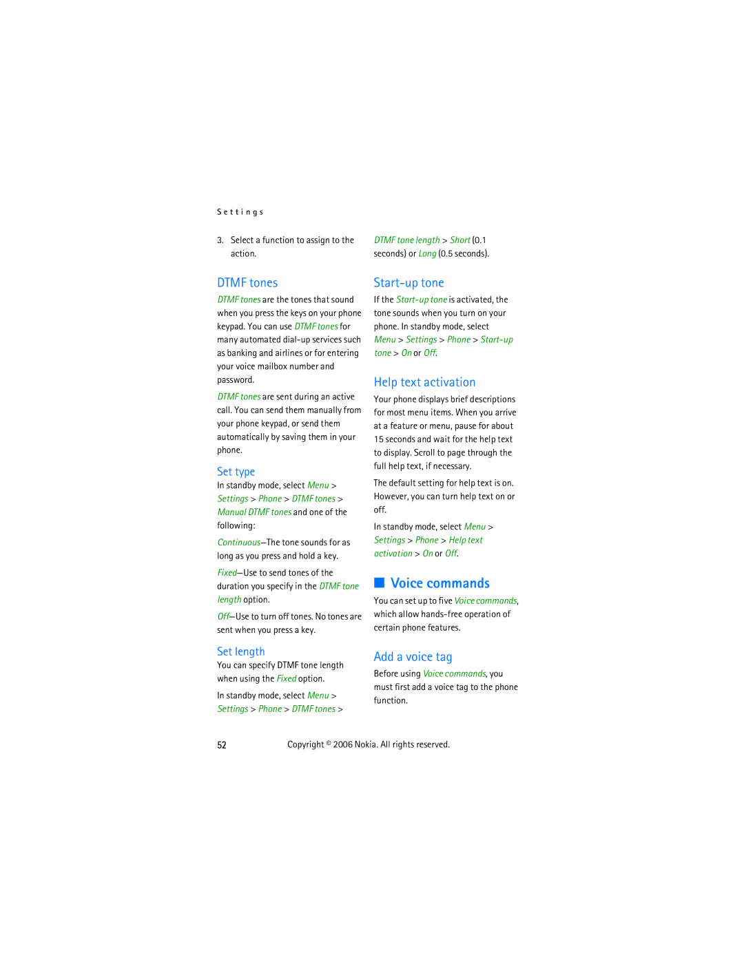 Nokia 2855 manual Voice commands, Dtmf tones, Start-up tone, Help text activation, Add a voice tag 