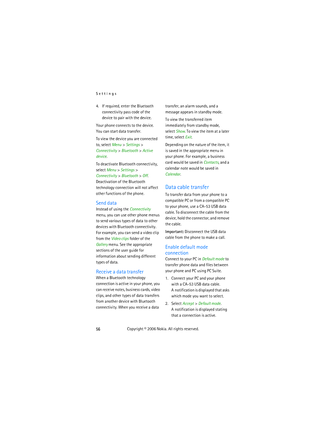 Nokia 2855 manual Data cable transfer, Send data, Receive a data transfer, Enable default mode connection 