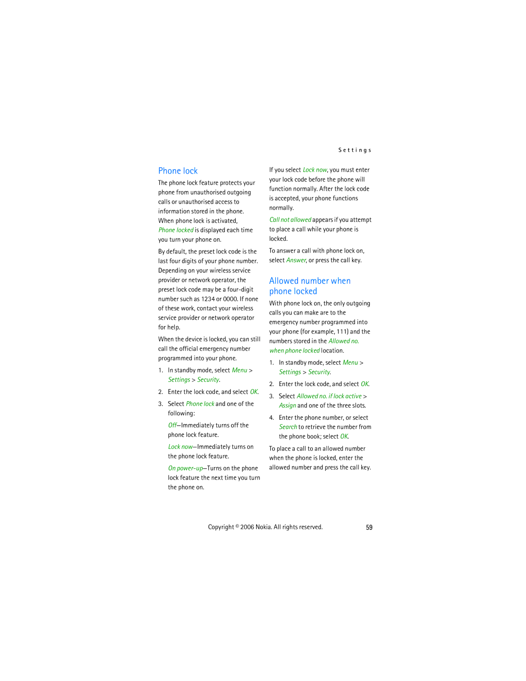 Nokia 2855 manual Phone lock, Allowed number when phone locked, Standby mode, select Menu Settings Security 