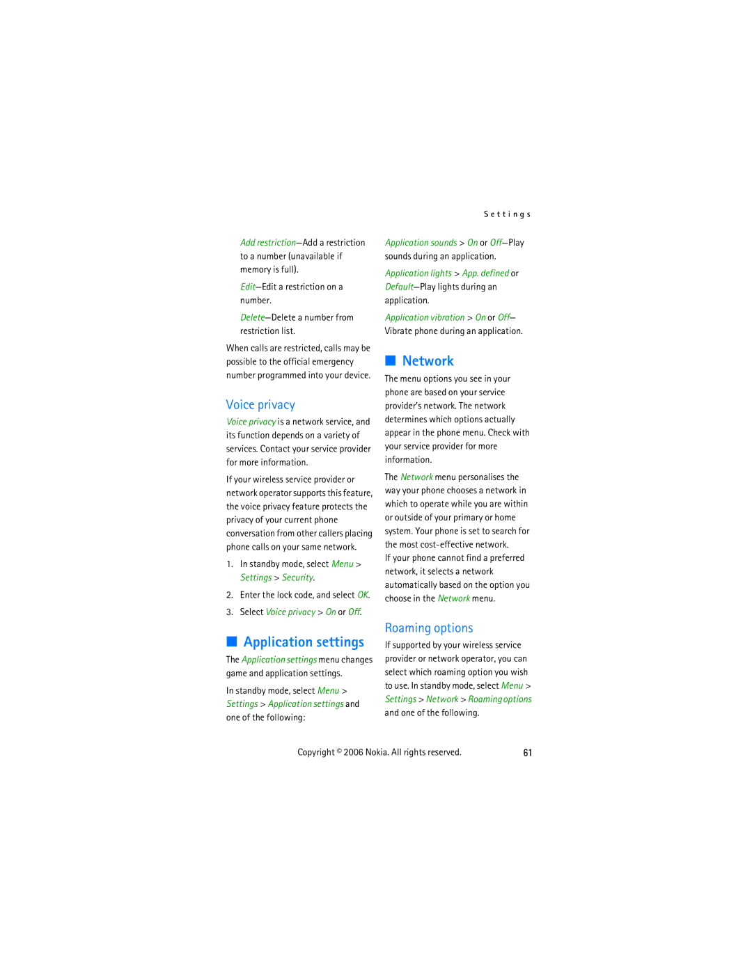 Nokia 2855 manual Application settings, Network, Voice privacy, Roaming options 