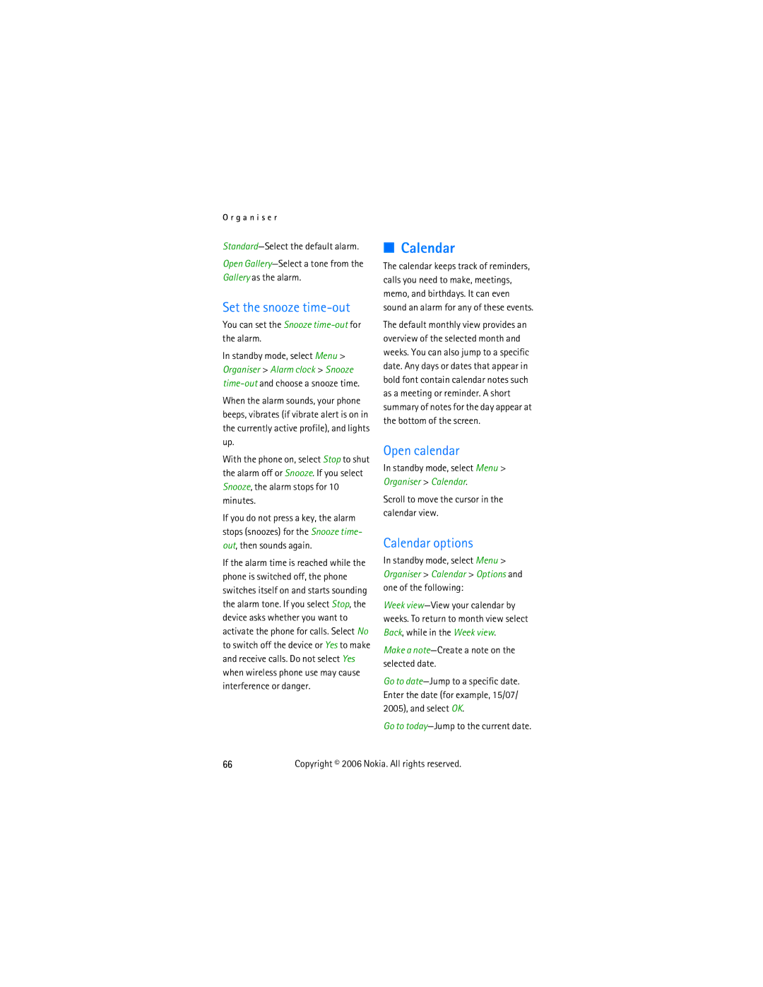 Nokia 2855 manual Set the snooze time-out, Open calendar, Calendar options 