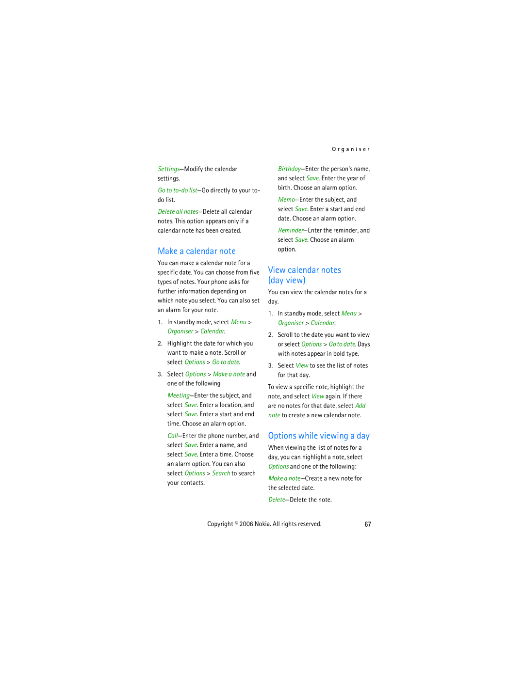 Nokia 2855 manual Make a calendar note, View calendar notes day view, Options while viewing a day 