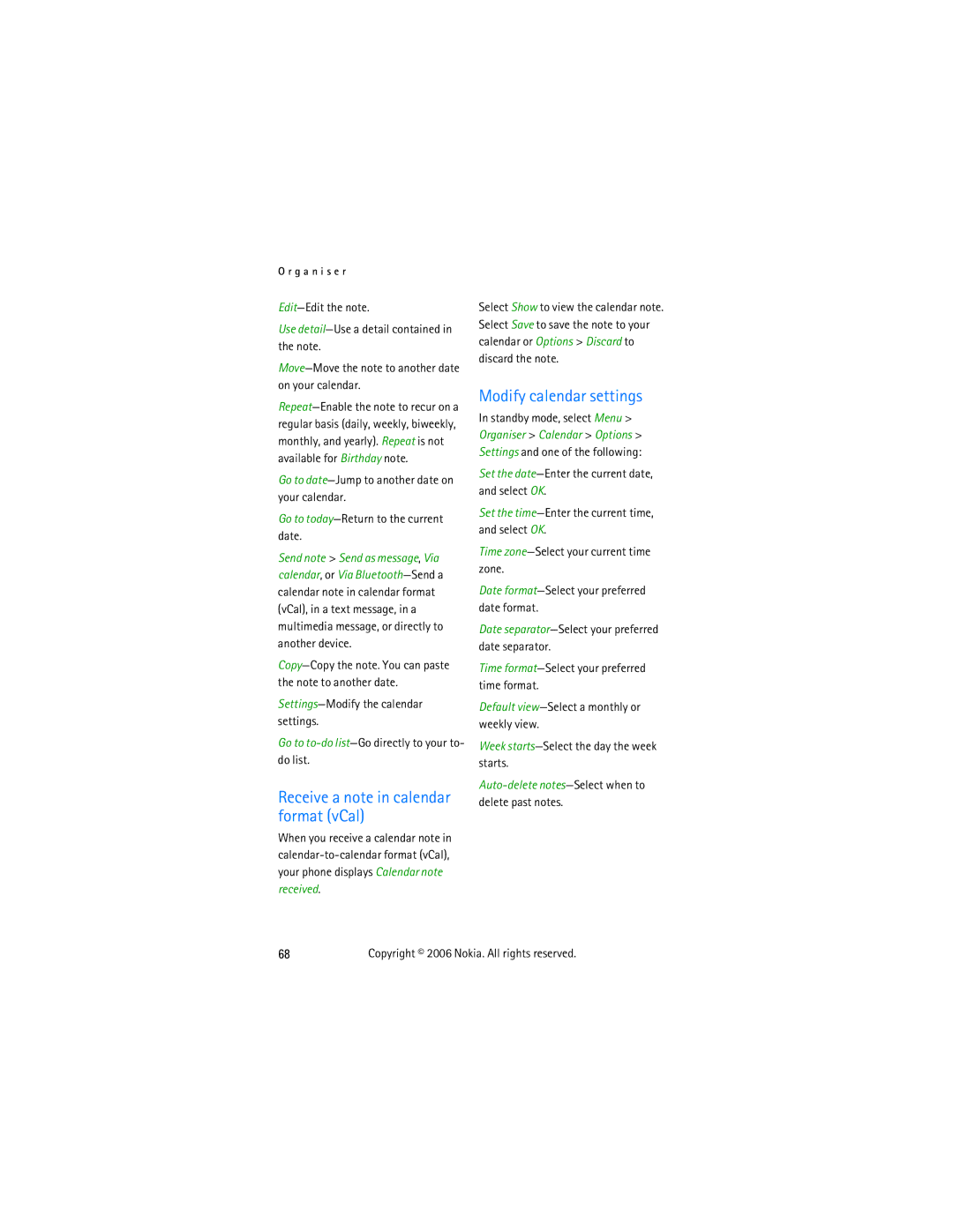 Nokia 2855 manual Receive a note in calendar format vCal, Modify calendar settings 