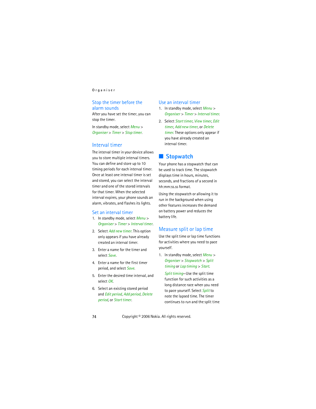 Nokia 2855 manual Stopwatch, Interval timer, Measure split or lap time 