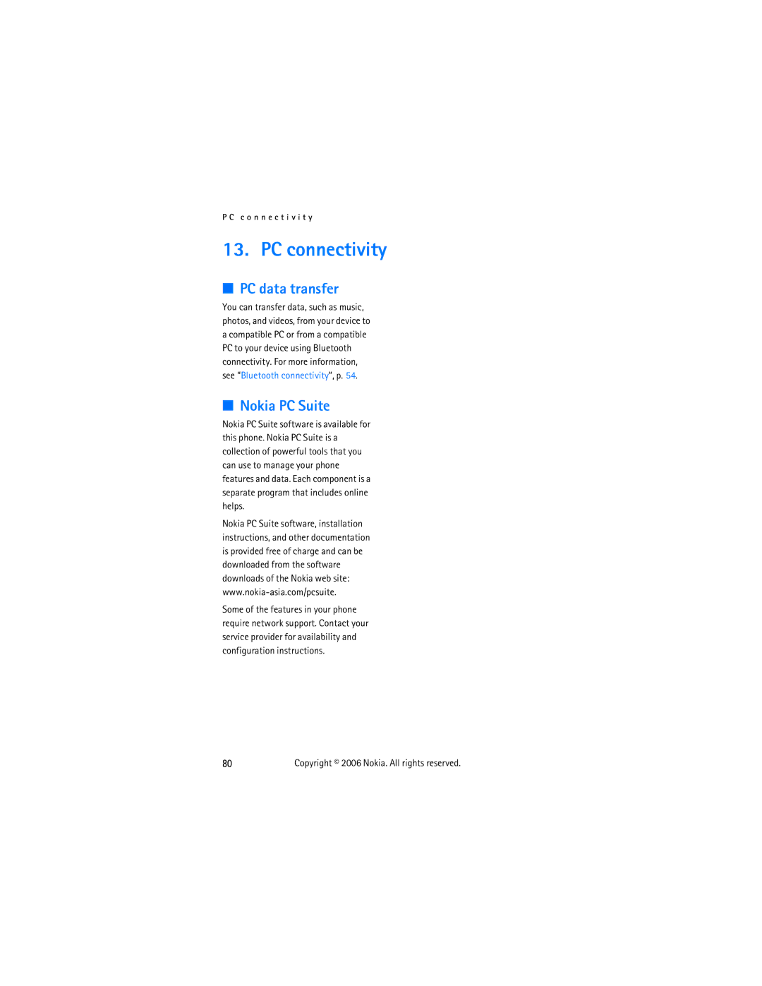 Nokia 2855 manual PC connectivity, PC data transfer, Nokia PC Suite 