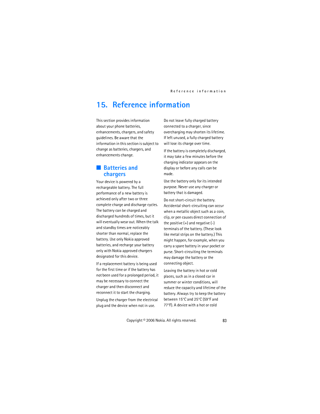 Nokia 2855 manual Reference information, Batteries and chargers 