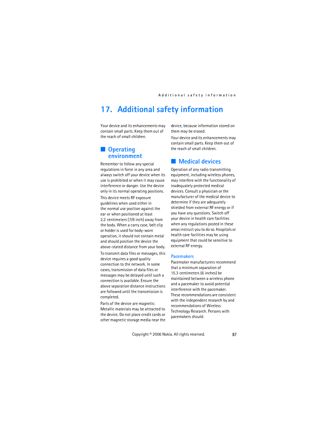 Nokia 2855 manual Additional safety information, Medical devices, Device, because information stored on them may be erased 