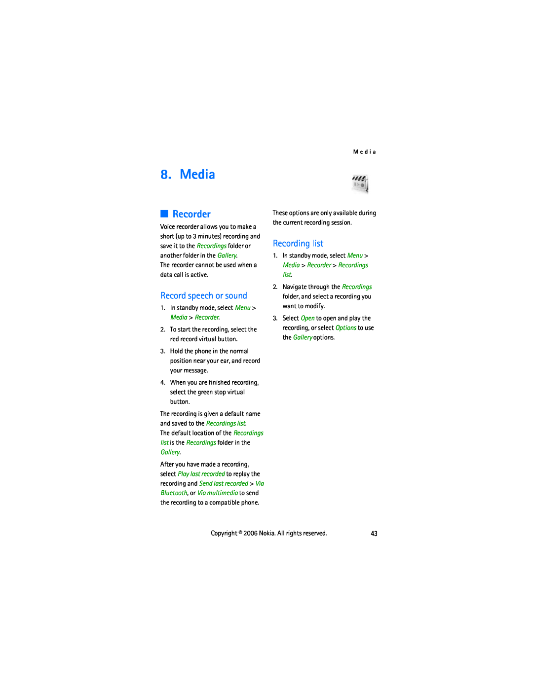 Nokia 2855 manual Media, Recorder, Record speech or sound, Recording list 