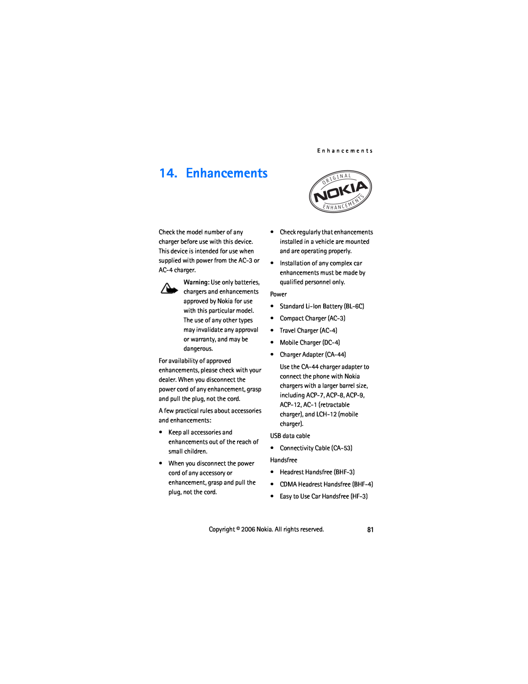 Nokia 2855 manual Enhancements, A few practical rules about accessories and enhancements, Easy to Use Car Handsfree HF-3 