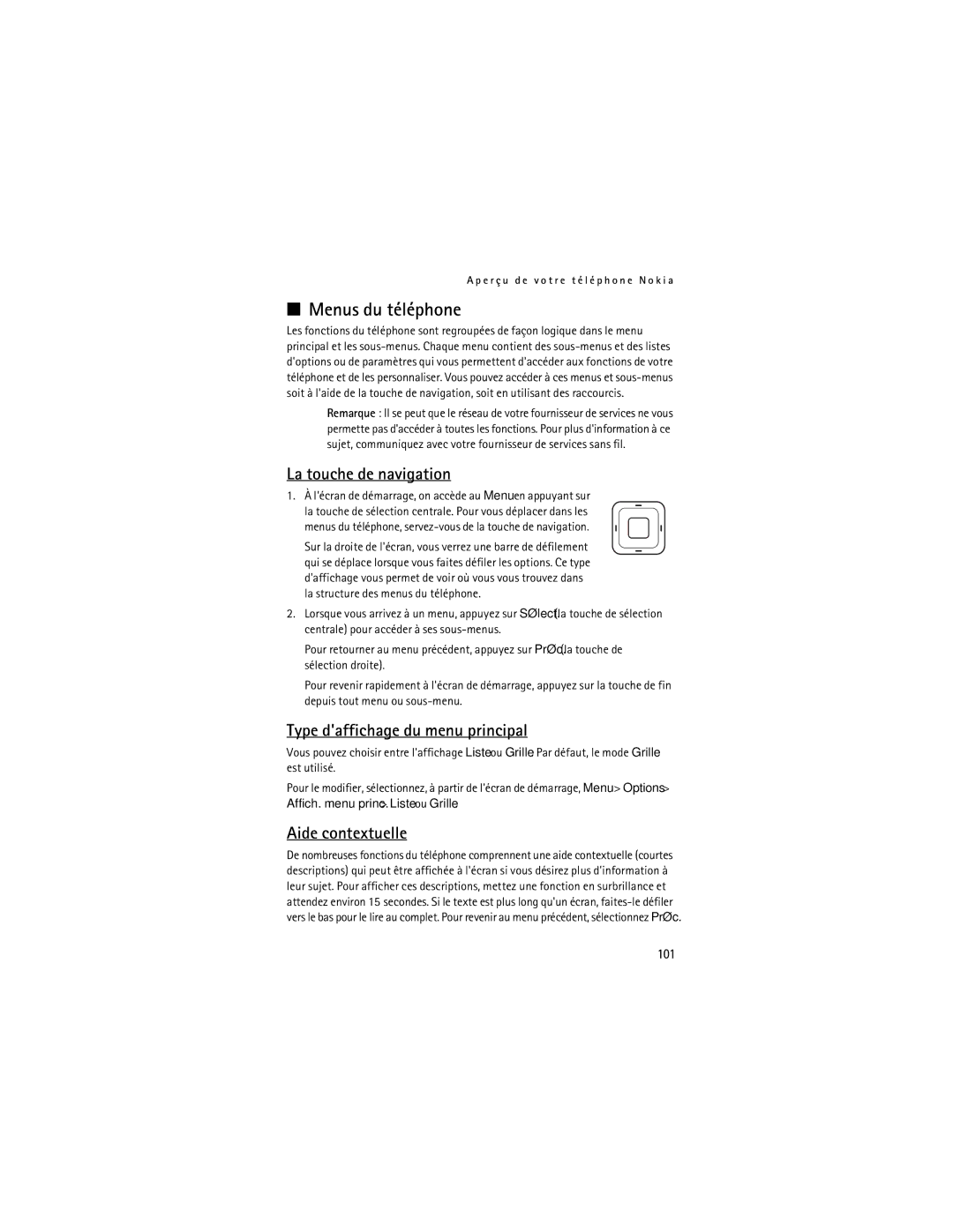 Nokia 2855i manual Menus du téléphone, La touche de navigation, Type daffichage du menu principal, Aide contextuelle, 101 