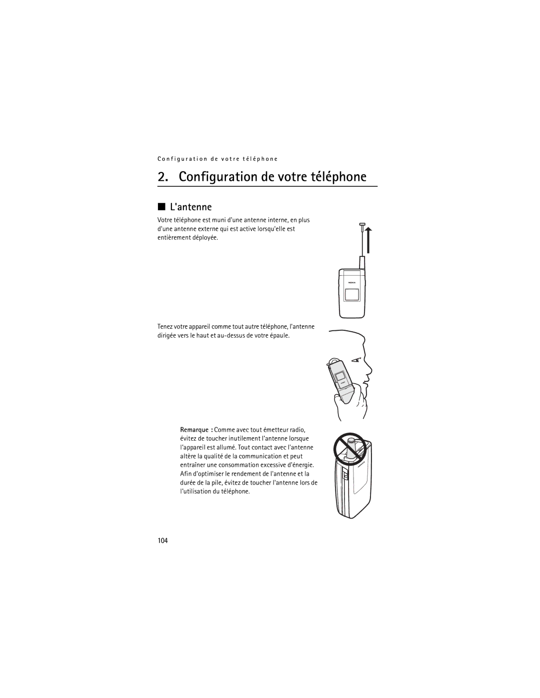 Nokia 2855i manual Configuration de votre téléphone, Lantenne, 104 