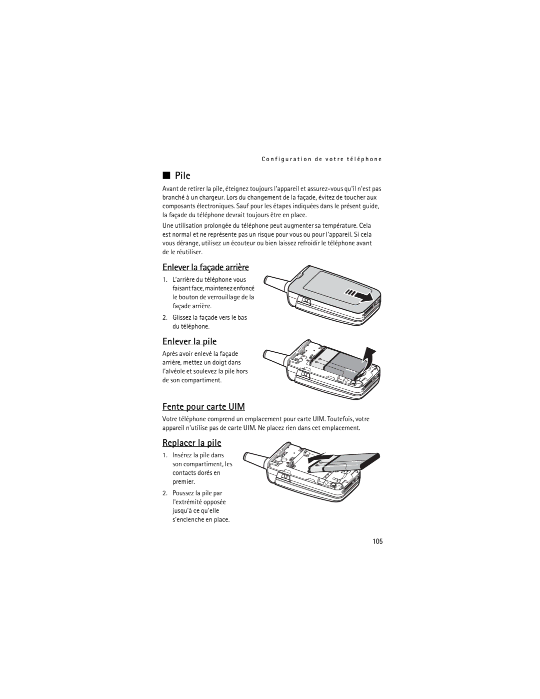 Nokia 2855i manual Pile, Enlever la façade arrière, Enlever la pile, Fente pour carte UIM, Replacer la pile 