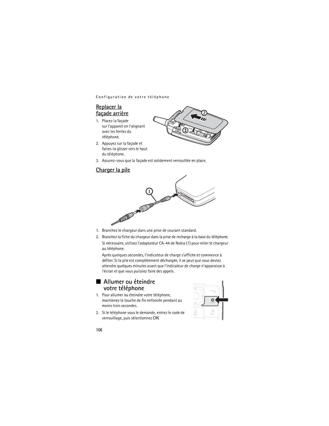 Nokia 2855i manual Allumer ou éteindre Votre téléphone, Charger la pile, Replacer la façade arrière, 106 