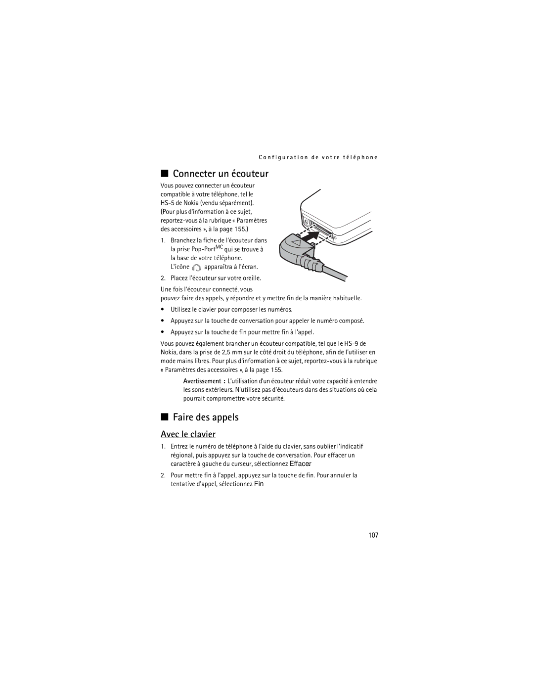 Nokia 2855i manual Connecter un écouteur, Faire des appels, Avec le clavier, 107 