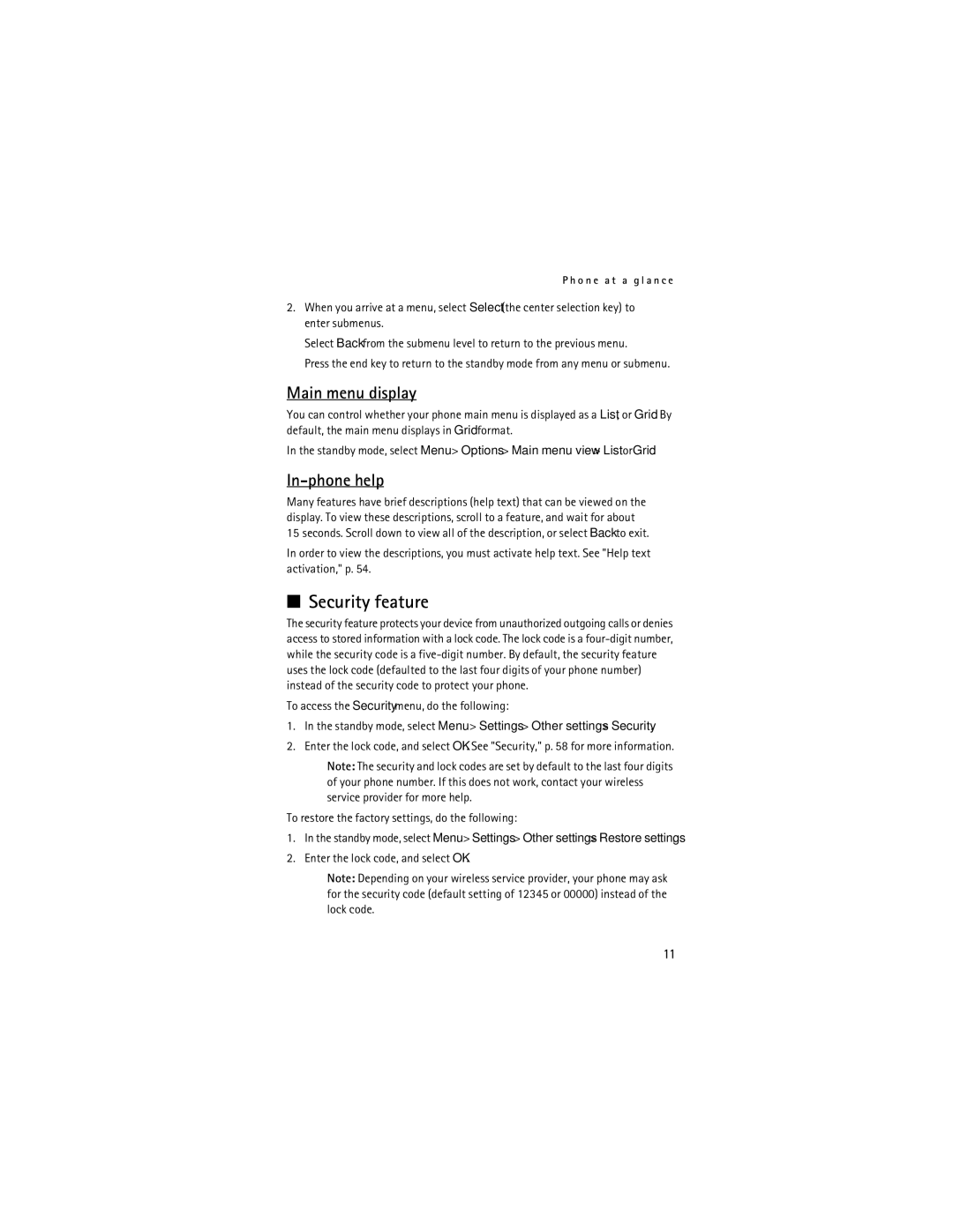 Nokia 2855i manual Security feature, Main menu display, In-phone help 