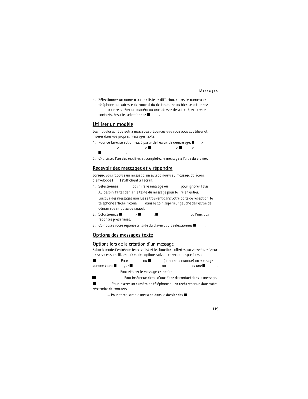 Nokia 2855i manual Utiliser un modèle, Recevoir des messages et y répondre, Options des messages texte, 119 