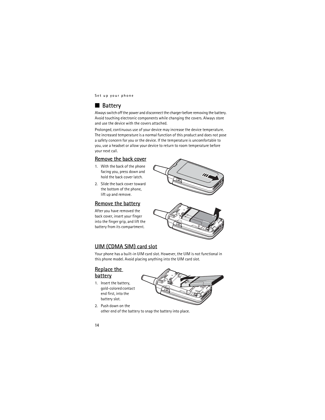 Nokia 2855i manual Battery, Remove the back cover, Remove the battery, UIM Cdma SIM card slot, Replace the battery 