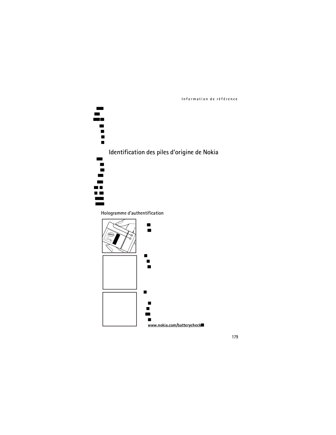 Nokia 2855i manual Identification des piles dorigine de Nokia, Hologramme d’authentification, 179 