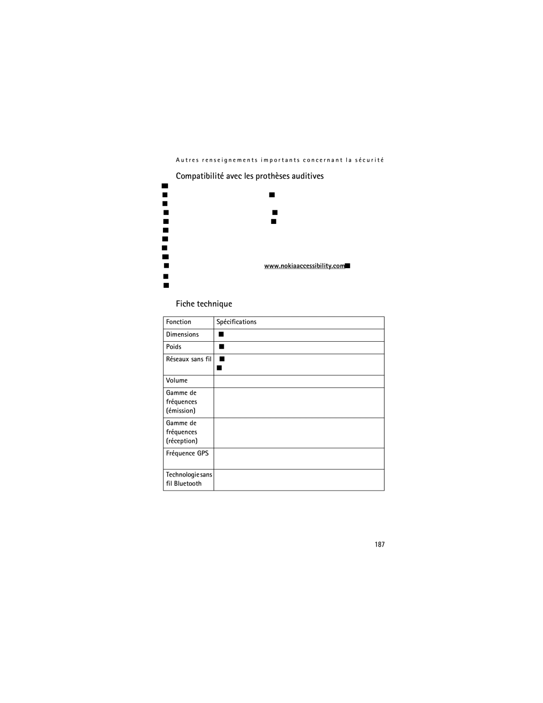 Nokia 2855i manual Compatibilité avec les prothèses auditives, Fiche technique, 187 