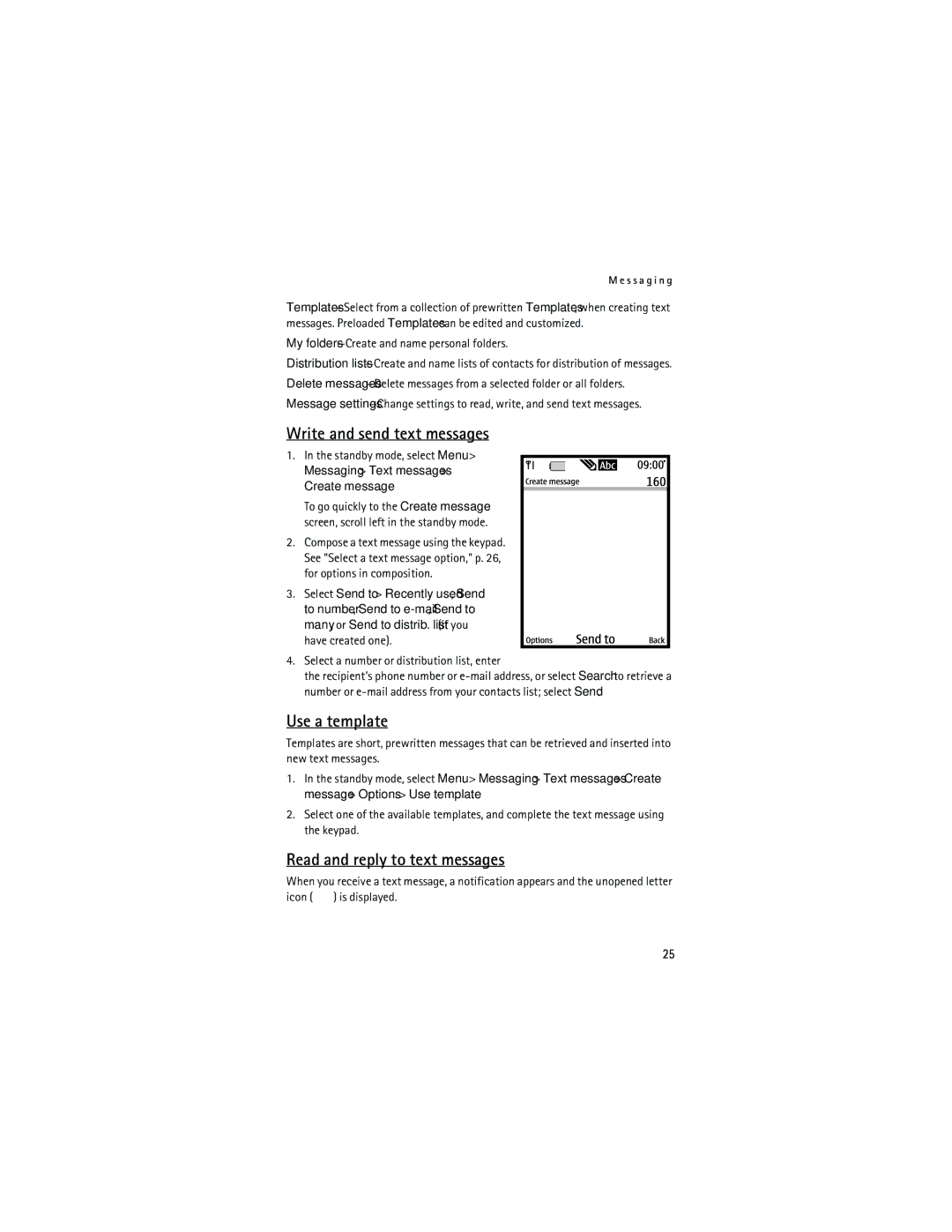 Nokia 2855i manual Write and send text messages, Use a template, Read and reply to text messages 