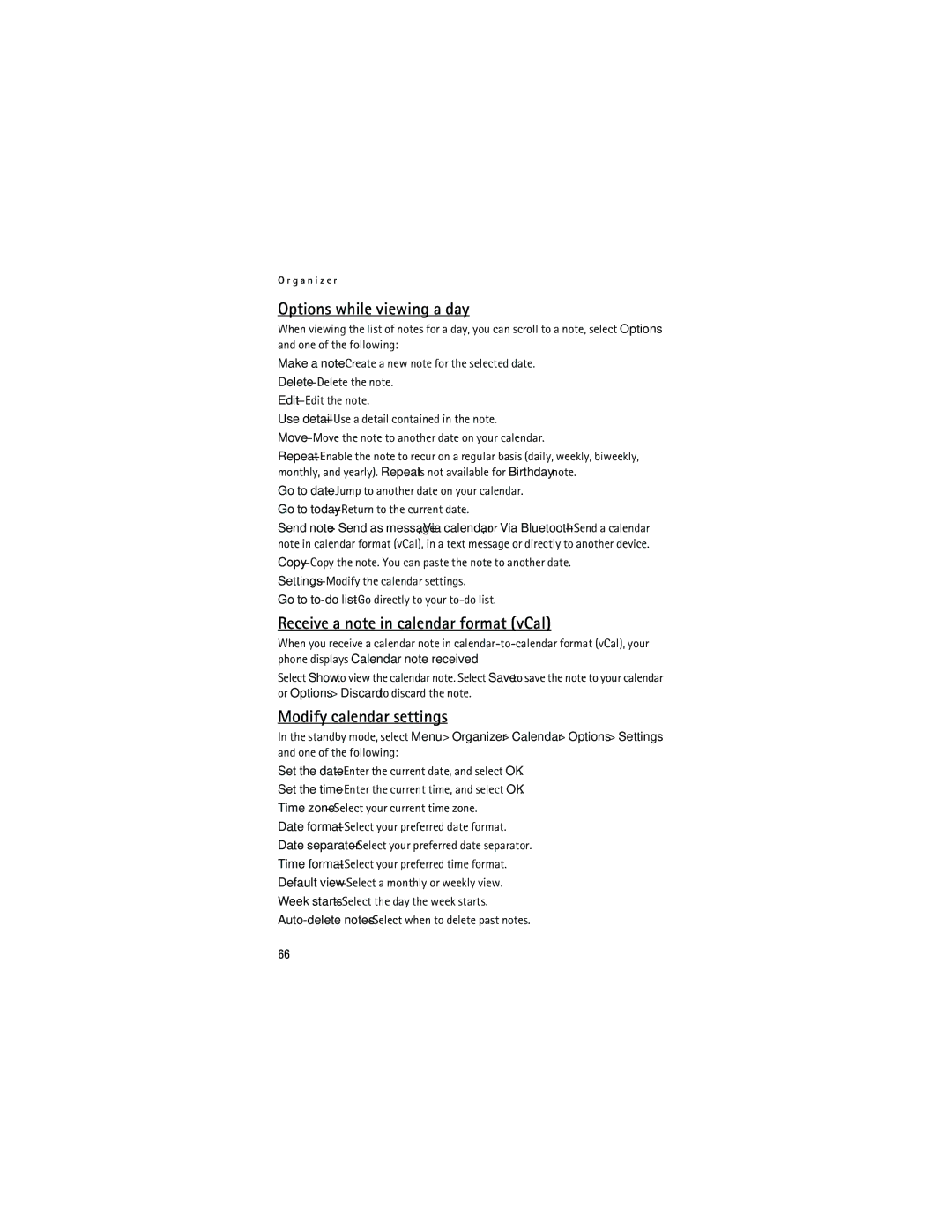 Nokia 2855i manual Options while viewing a day, Receive a note in calendar format vCal, Modify calendar settings 
