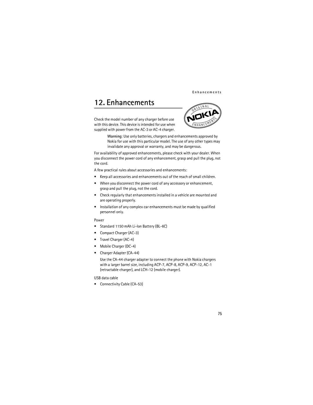 Nokia 2855i manual Enhancements, USB data cable Connectivity Cable CA-53 