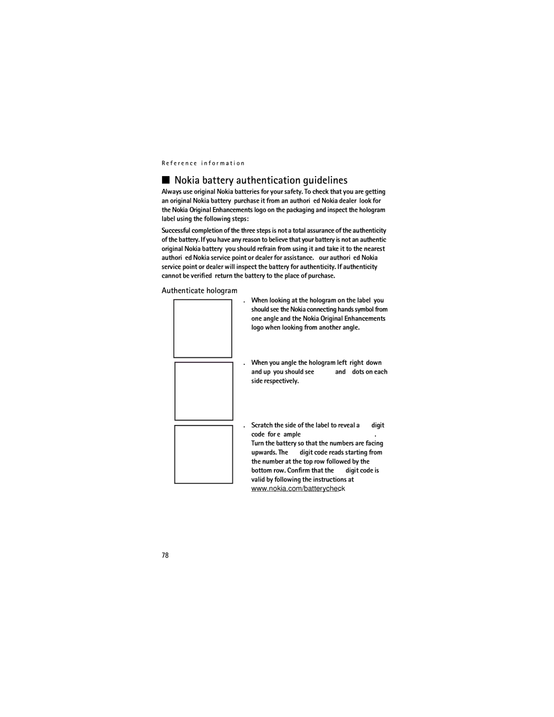 Nokia 2855i manual Nokia battery authentication guidelines, Authenticate hologram 