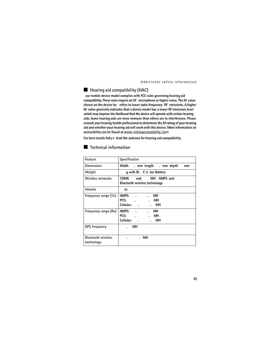 Nokia 2855i manual Hearing aid compatibility HAC, Technical information 