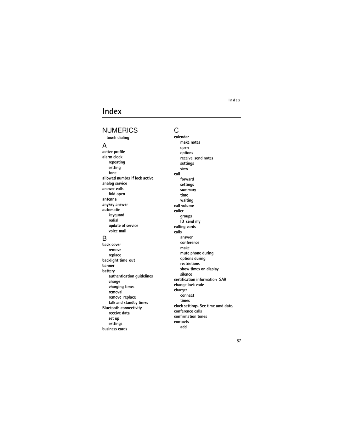 Nokia 2855i manual Index, Numerics 