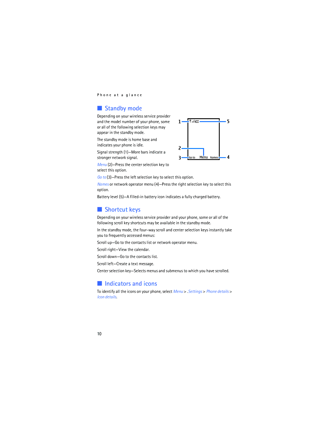 Nokia 2865i manual Standby mode, Shortcut keys, Indicators and icons 