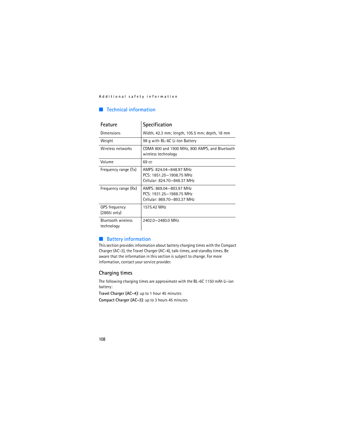 Nokia 2865i manual Feature Specification, Charging times 