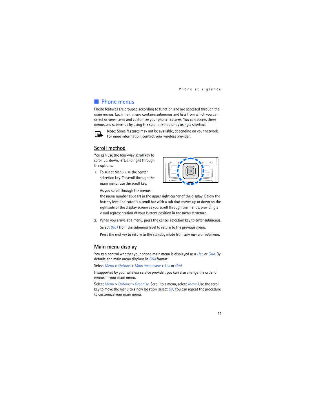 Nokia 2865i manual Phone menus, Scroll method, Main menu display, As you scroll through the menus 