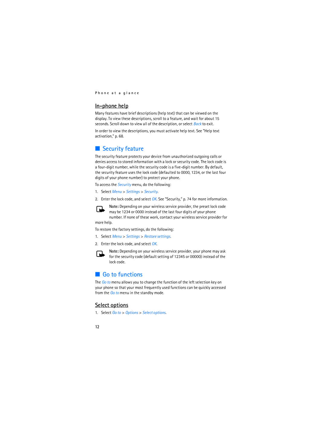 Nokia 2865i manual Security feature, Go to functions, In-phone help, Select options 