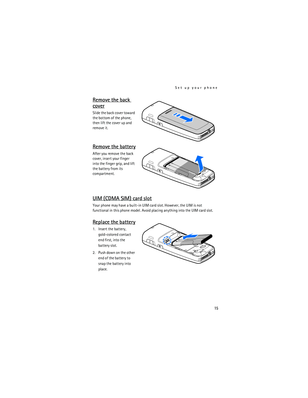 Nokia 2865i manual Remove the back cover, Remove the battery, UIM Cdma SIM card slot, Replace the battery 