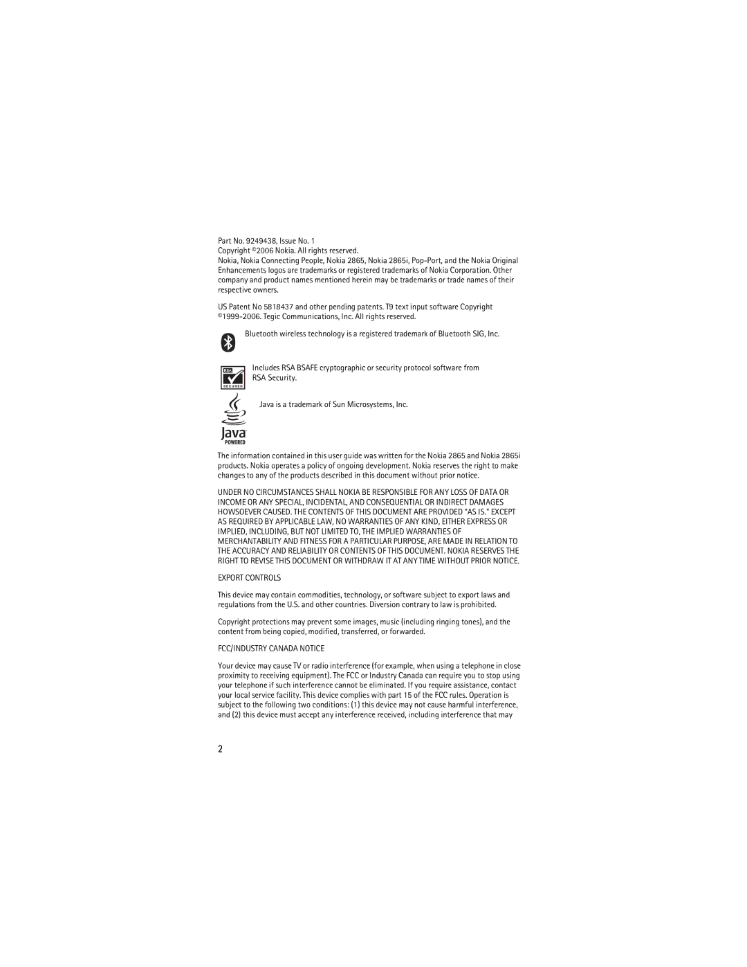 Nokia 2865i manual Export Controls 